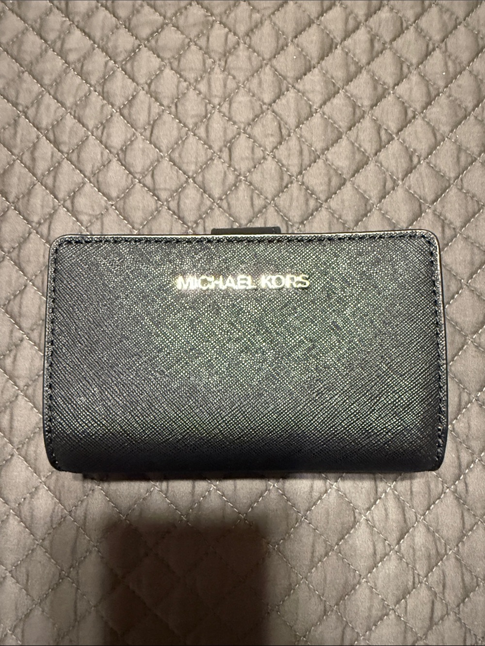 Michael Kors Black Textured Leather Compact Wallet with Gold Logo
